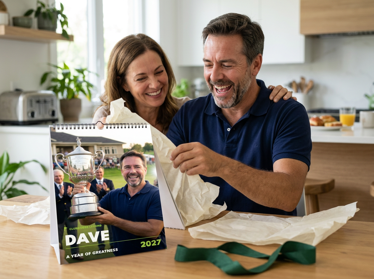 Sample Dave laughing while unwrapping his calendar at the kitchen table