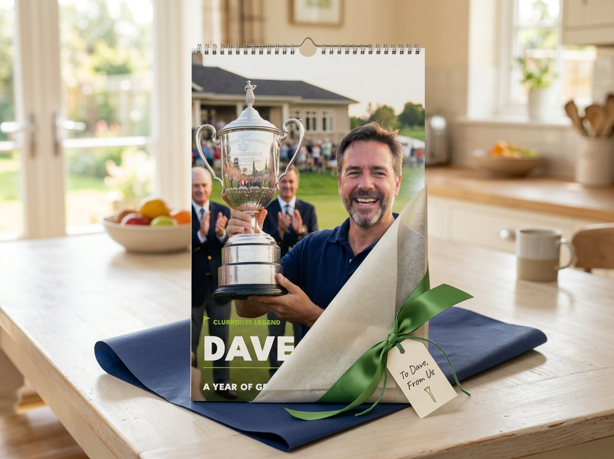 Sample Dave calendar wrapped in tissue with a green gift ribbon